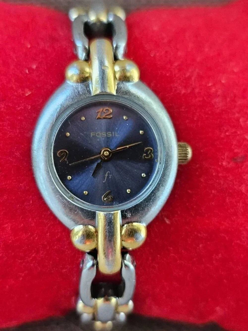 Vintage Fossil F2 Women Wristwatch Blue Face Silver/Gold Dual Tone Quartz Watch